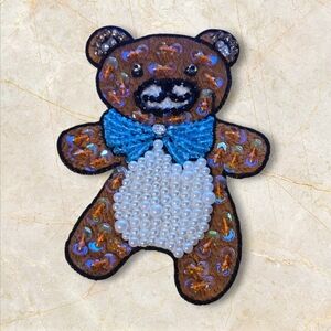 Beaded Teddy Bear Patch Applique with Blue Bow